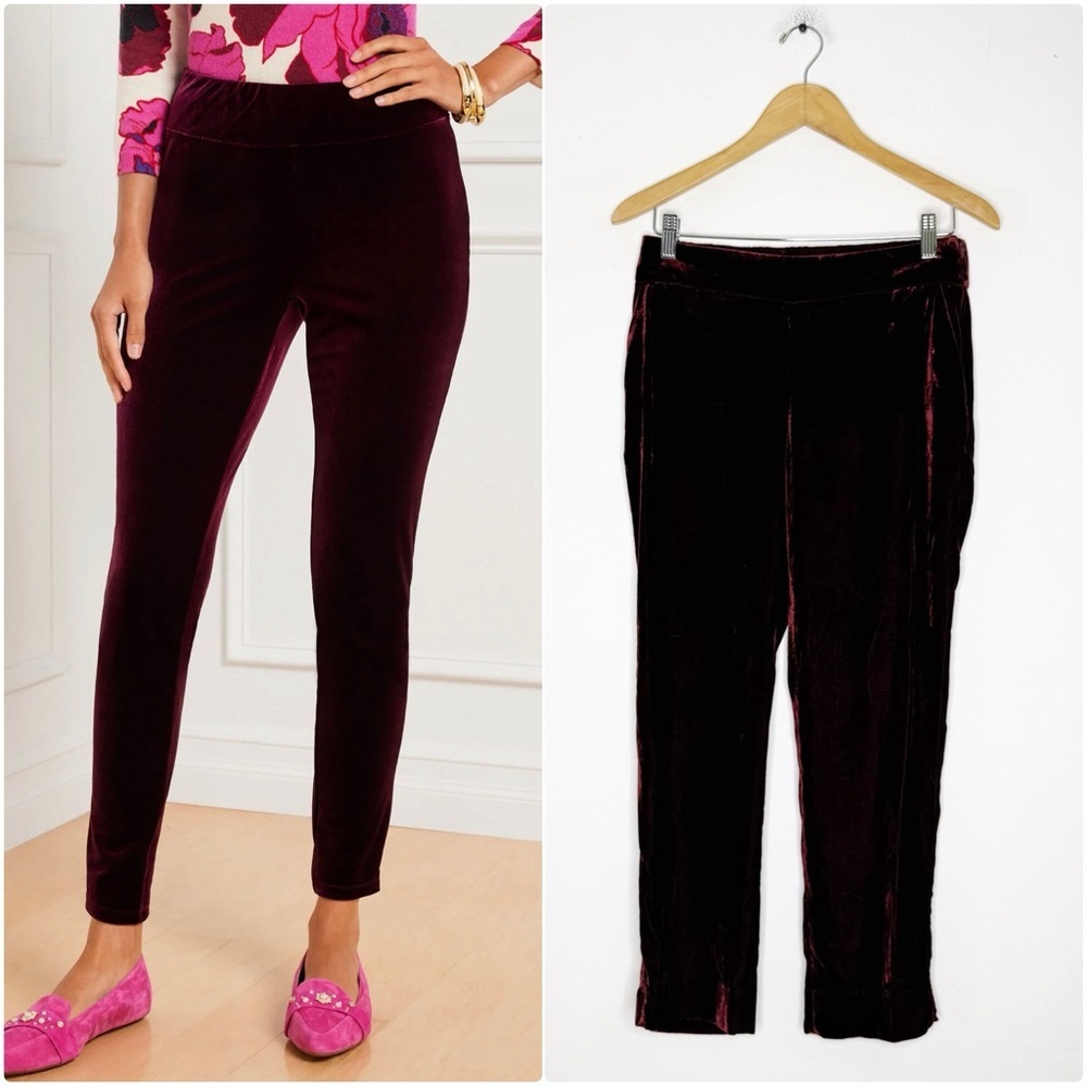 Talbots Red Burgundy Velvet Pants Petite 4P Side Zip Velvet Trousers NWT